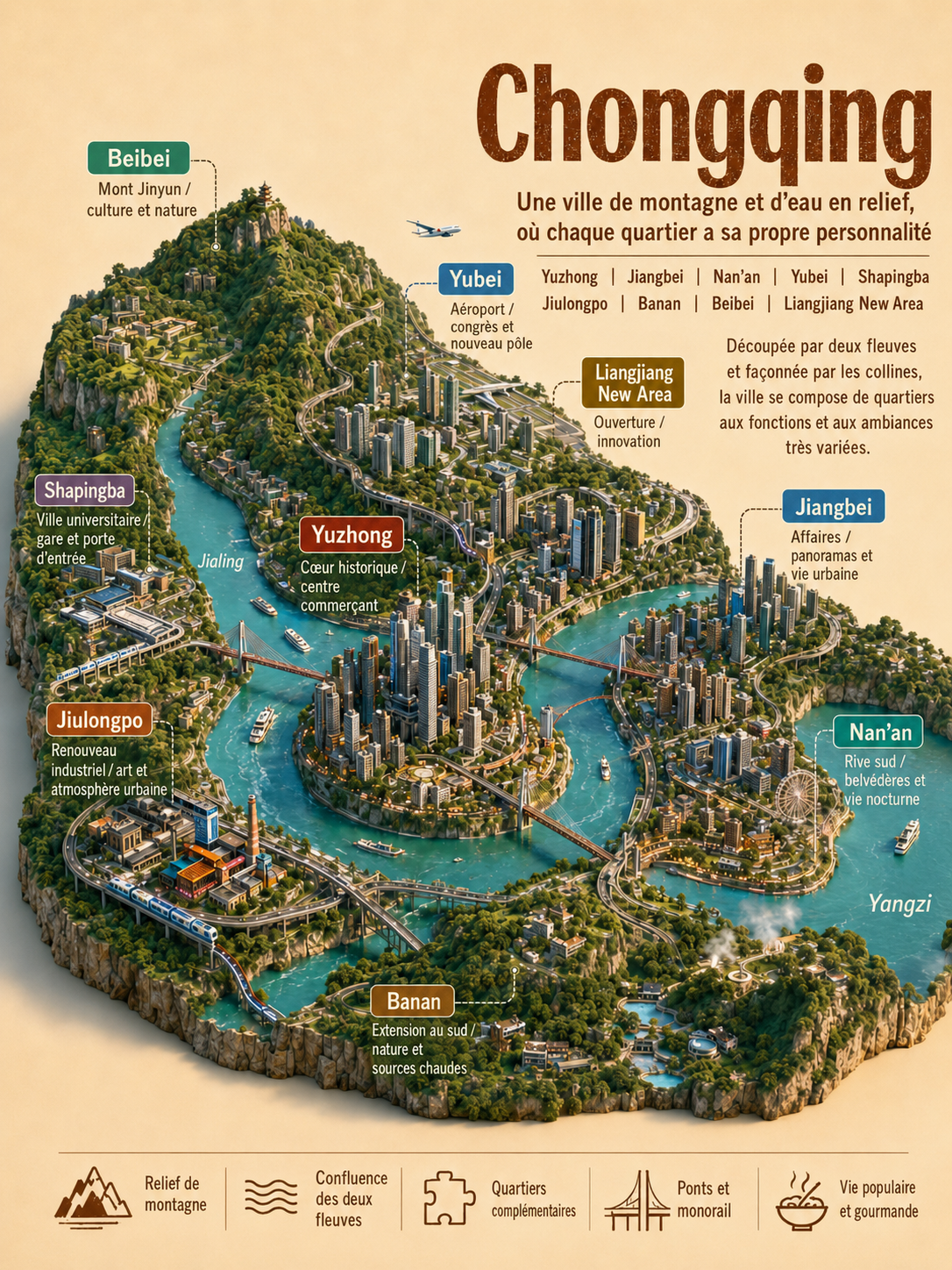 Illustration en français de la géographie en relief de Chongqing